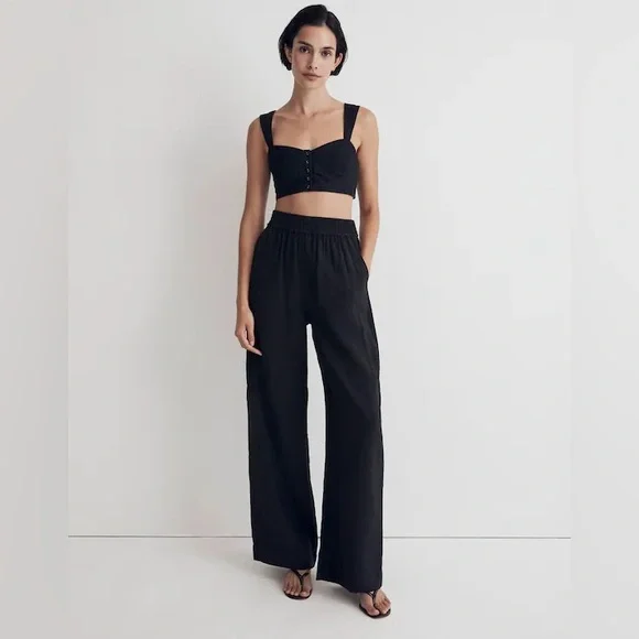 NWT Madewell Black Button-Front Crop Top 100% Linen Sweetheart Bralette - 6 - Picture 2 of 9